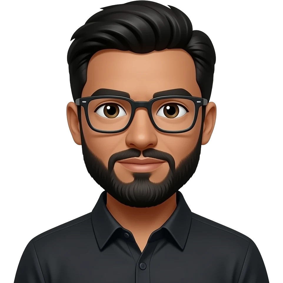 black hair, olive skin, black beard, with squar glasses, white eyes, black shirt emoji