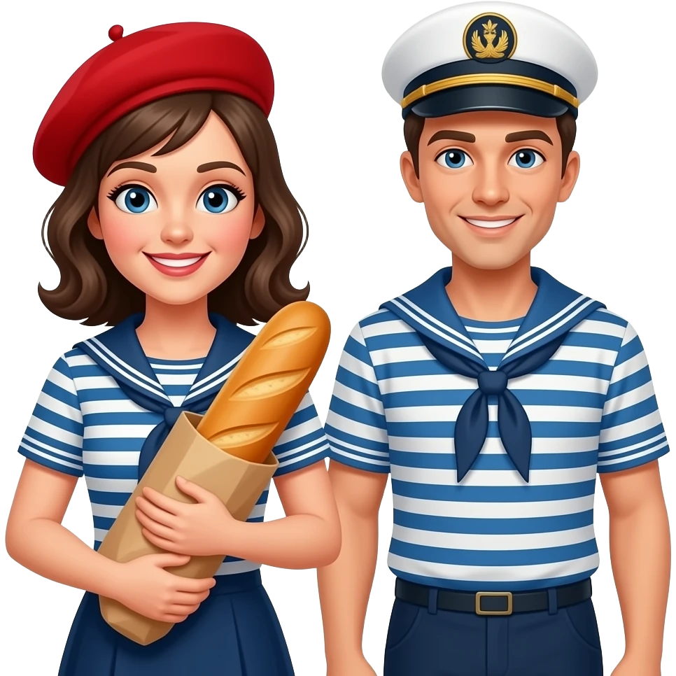 A French woman with a red beret, a sailor and a baguette of bread emoji