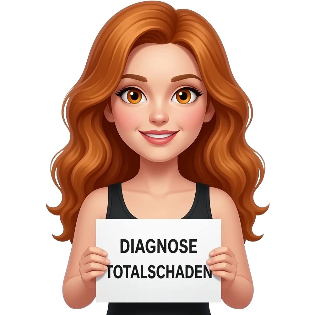 sexy girl with long wavy ginger hair and ginger eyes wearing a black tanktop is holding a white sign with DIAGNOSE TOTALSCHADEN written on it emoji