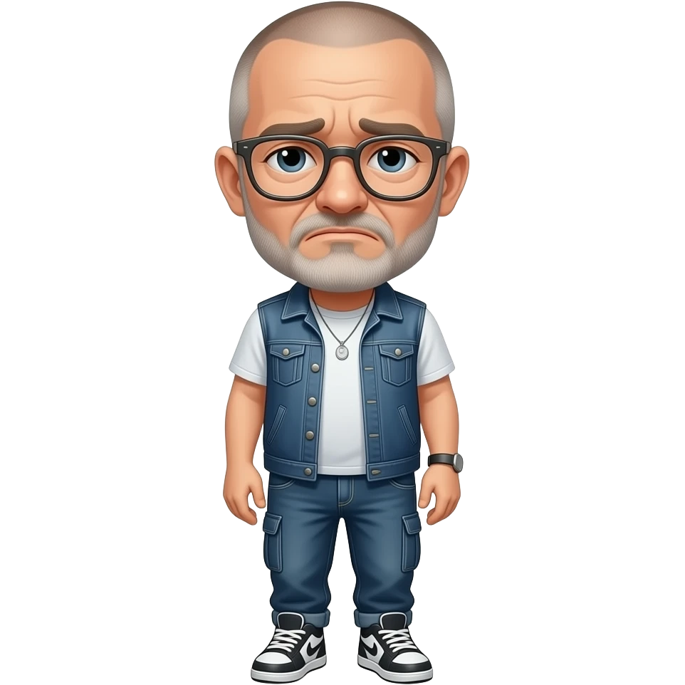 t shirt sad almost bald shaved short hair full-length photo of extreme streetwear clean-shaven face cool boy thin metal-framed glasses ery entellectual man, 60 years old, street wear stubble, shaved short with clippers emoji