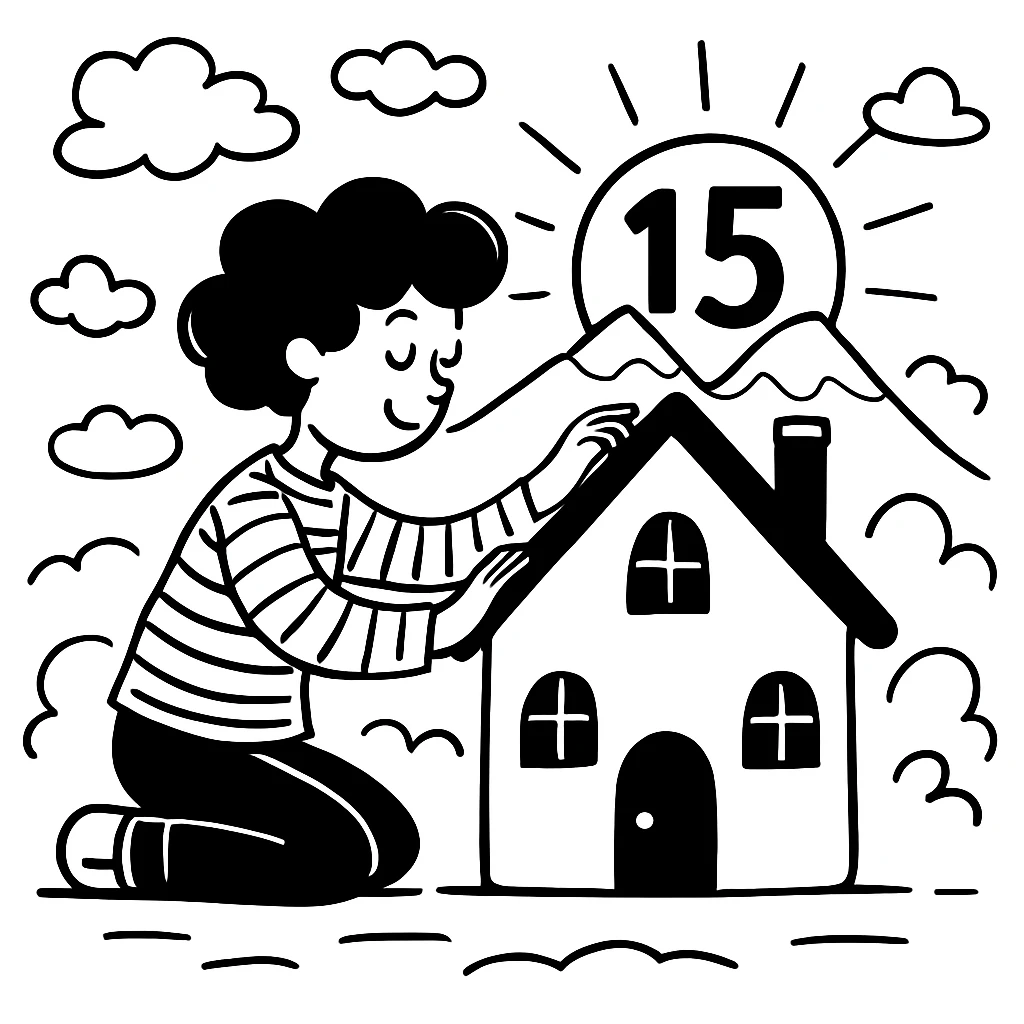 Add fluffy clouds to the scene, keeping the sunshine rising from mountains with the number 15 visible and integrated, in a black doodle style. The style should resemble hand drawn black doodles with clear lines and simple shading. emoji
