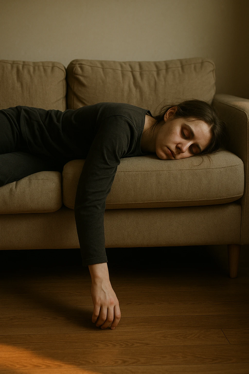 Empathetic photorealistic shot of a woman collapsed on a sofa, her body completely limp as if made of lead. One arm hangs off the edge, touching the floor. Her eyes are closed, face pale with dark circles. The afternoon light is warm but fails to energize the scene, emphasizing her profound exhaustion. emoji