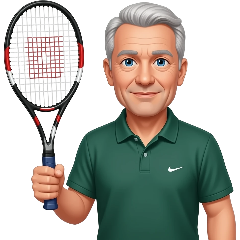 man, 60s aged, thin grey hair, blue eyes, tennis racket in right hand, dark green polo, small logo, no beard emoji