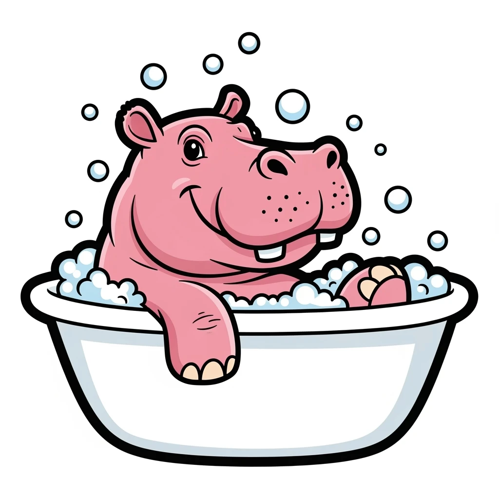 color vector art with outline of happy hippo with bubbles in bathtub emoji