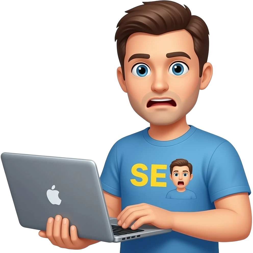Man with a laptop and a shirt that says "SEO" with a scared face emoji