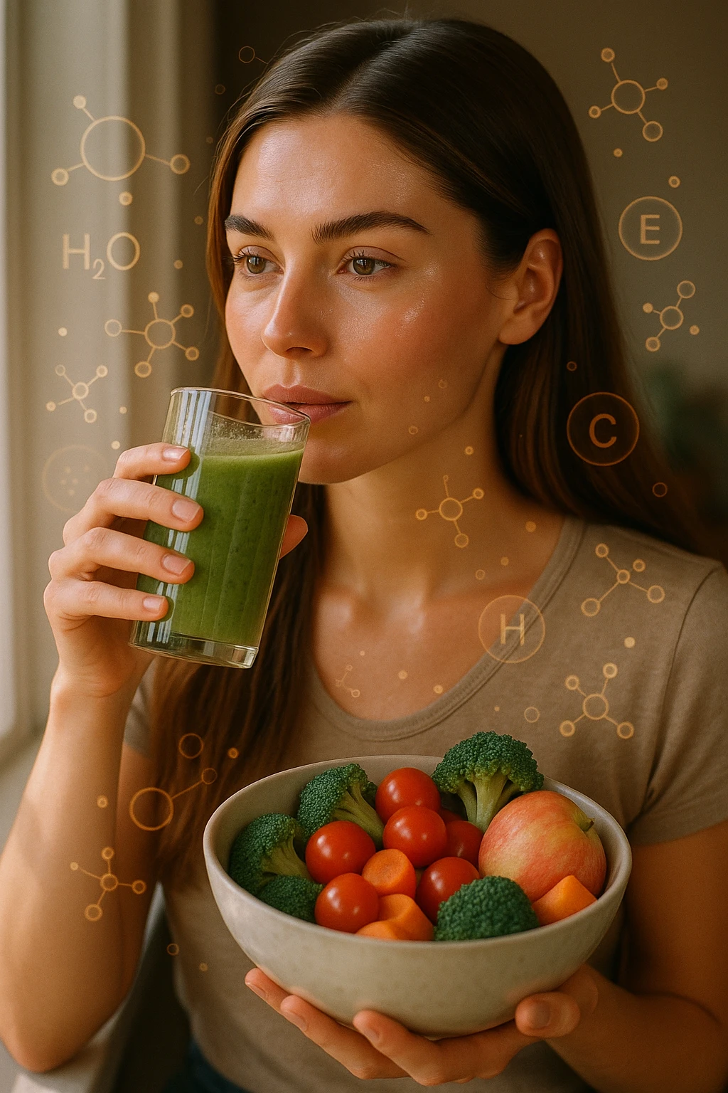 A highly realistic, cinematic portrait of a young woman in her late 20s with glowing, clear, healthy skin and a vibrant scalp with strong, shiny hair, symbolizing internal health reflecting outward. She has a calm, confident expression while sitting by a window with warm daylight softly illuminating her face, highlighting smooth, hydrated skin with a natural glow. Her hair appears clean, full, and strong, indicating a healthy scalp and balanced sebum production. She is drinking a glass of green smoothie rich in antioxidants and holding a bowl of colorful fruits and vegetables, symbolizing how internal nutrition supports skin and scalp health. Subtle, softly glowing overlays of molecular symbols for vitamins, minerals, and hydration molecules gently swirl around her, visually representing the concept of beauty and skin health from the inside out. Style: 35mm hyperrealistic film look, warm tones, soft depth of field, focusing on clear skin texture, healthy scalp, and vibrant hair to inspire holistic wellness emoji