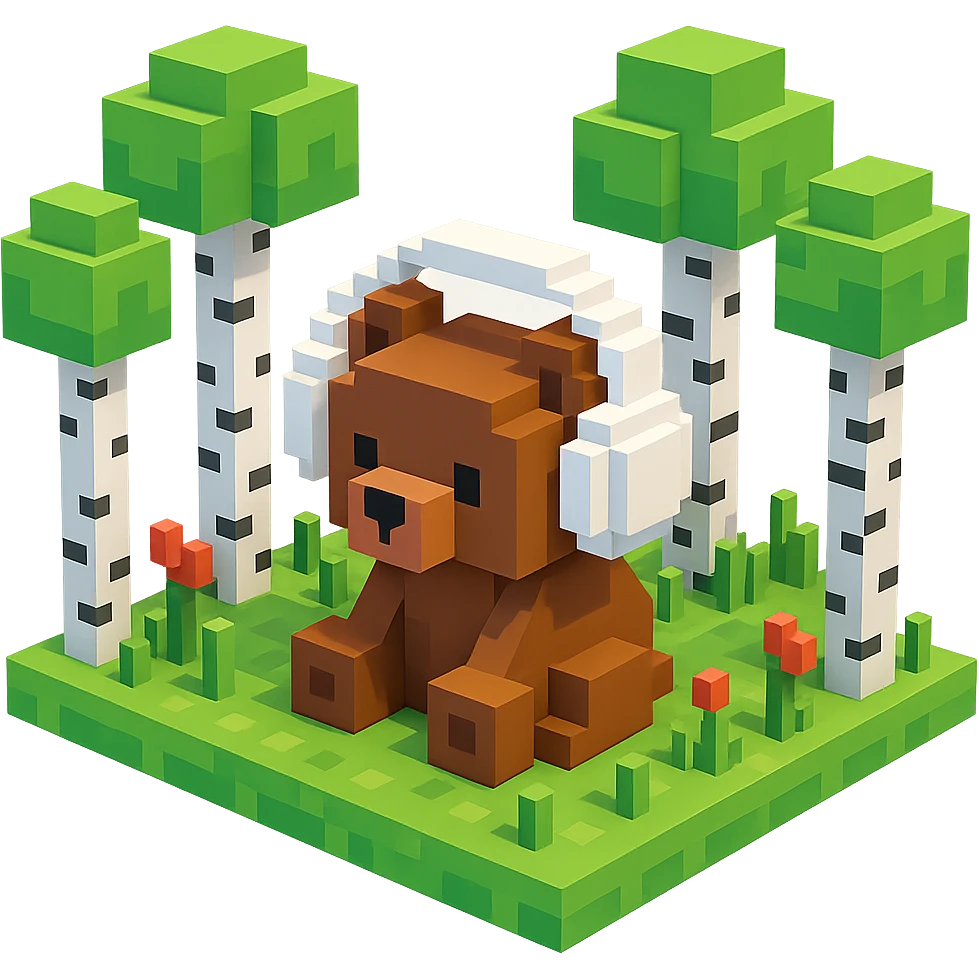 березовый лес, в котором сидит бурый медвежонок в белых наушниках (наушники должны закрывать уши медведя), no background  emoji