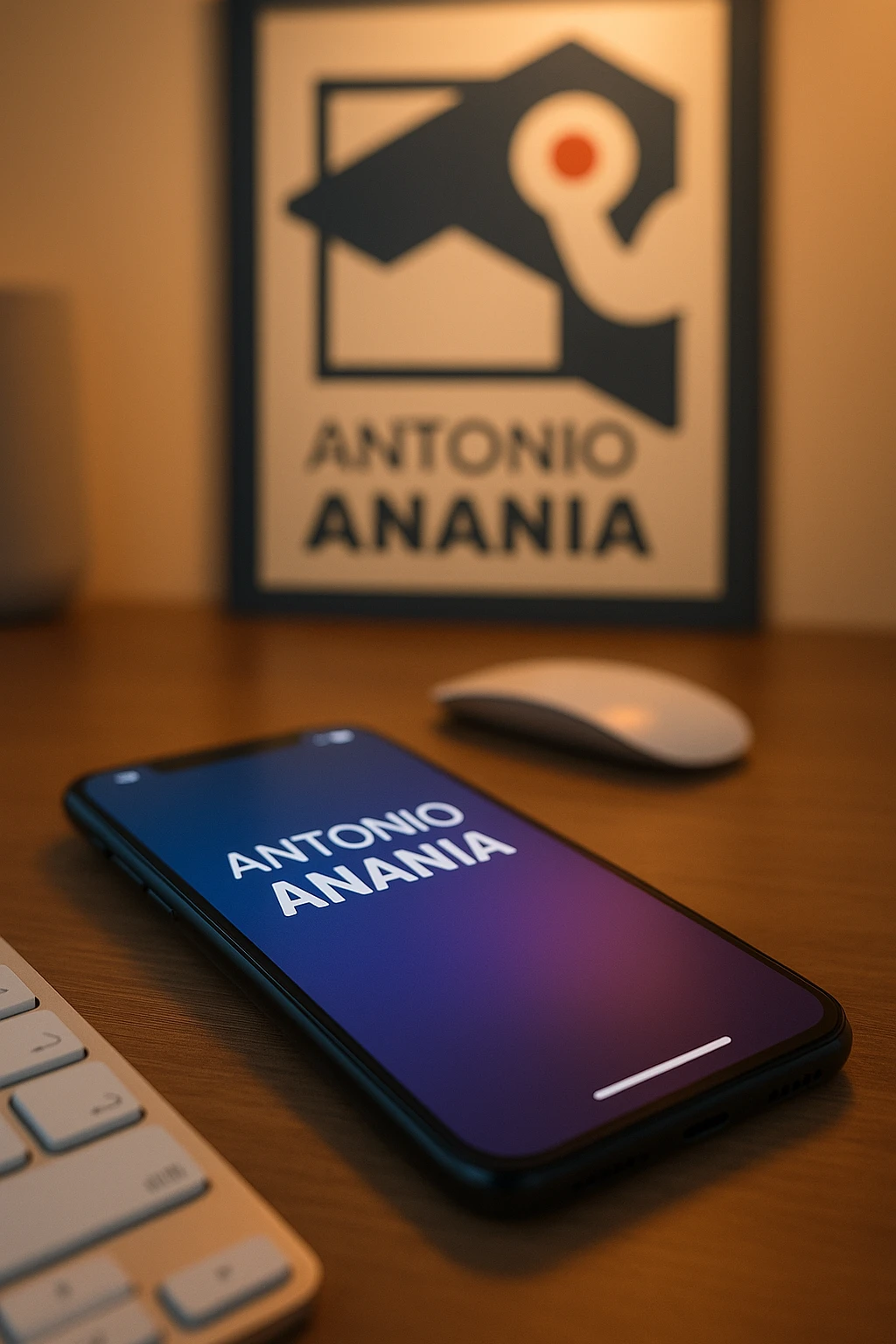 A photo of an iPhone on the desk with the message "Antonio Anania" on its screen, The phone sits atop a desk with a blurred with the logo in the background that suggests work environment. A faint glow from above casts gentle shadows across the surface of each object, creating depth and highlighting their textures emoji