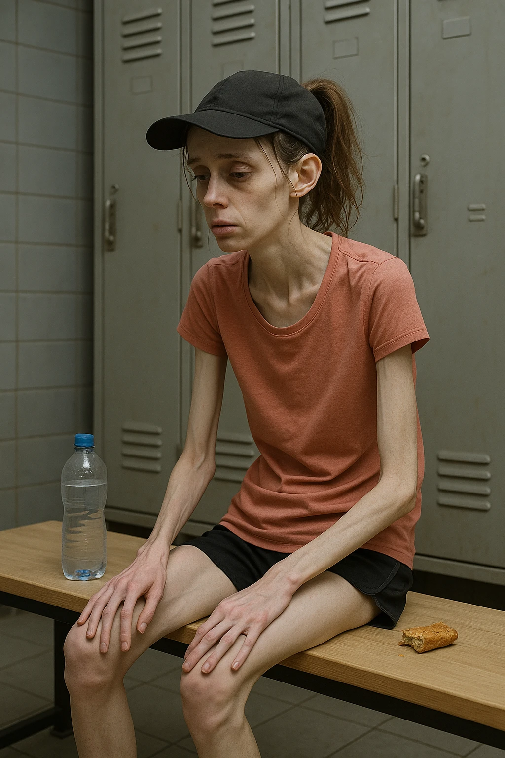 3D rendered scene: a woman in her 20s wearing running clothes sits on a bench in a locker room, looking exhausted and weak. Her face shows signs of fatigue, and her limbs appear thin and lacking muscle tone. A water bottle and a small, half-eaten snack are beside her, hinting at insufficient nutrition. The environment is realistic, with a focus on her physical and emotional state. emoji