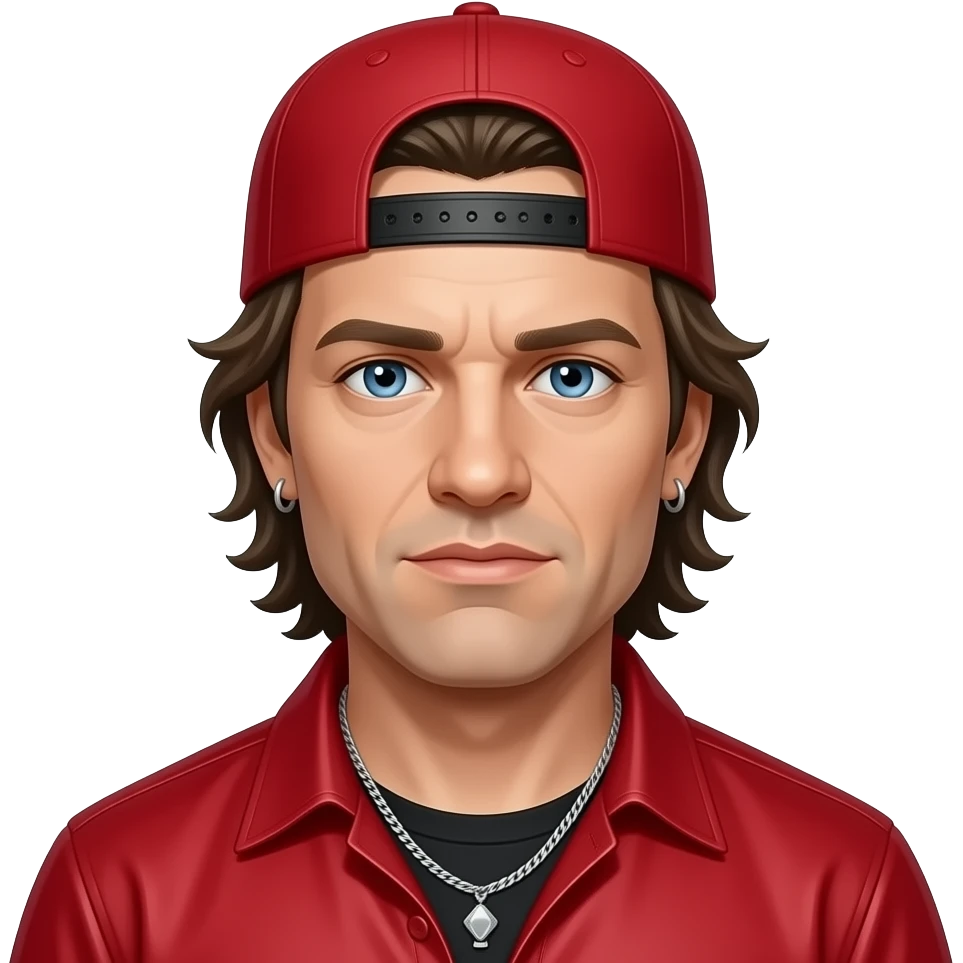 Fred Durst with blue eyes, dark blonde hair, red cap, red metallic shirt, silver necklace and short earrings emoji