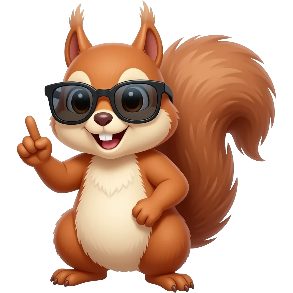 Create a squirrel wearing sunglasses sticking up the middle finger emoji