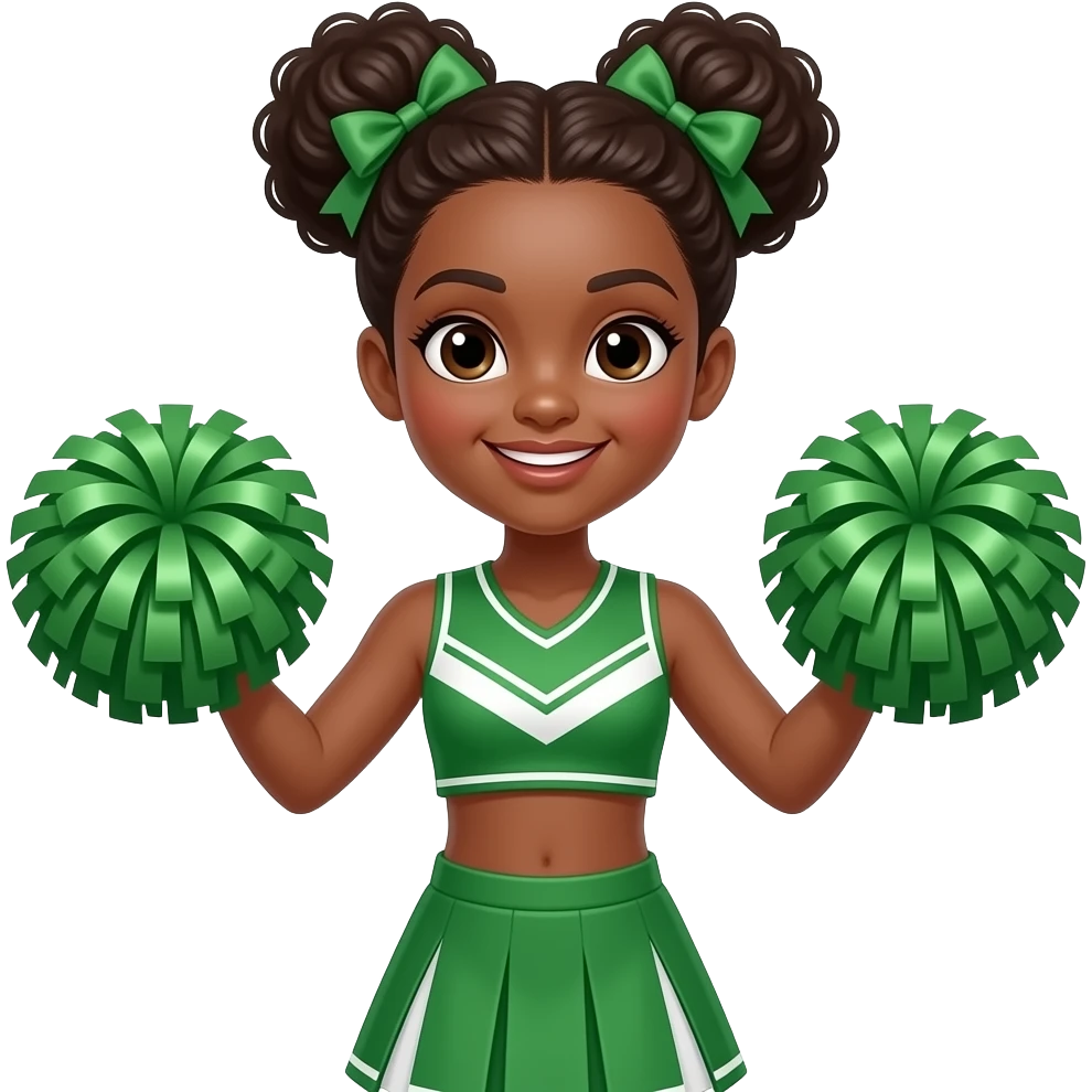 afro girl with half body close up wear a vibrant green cheerleader outfit and poom poom in hands and two sided bun emoji