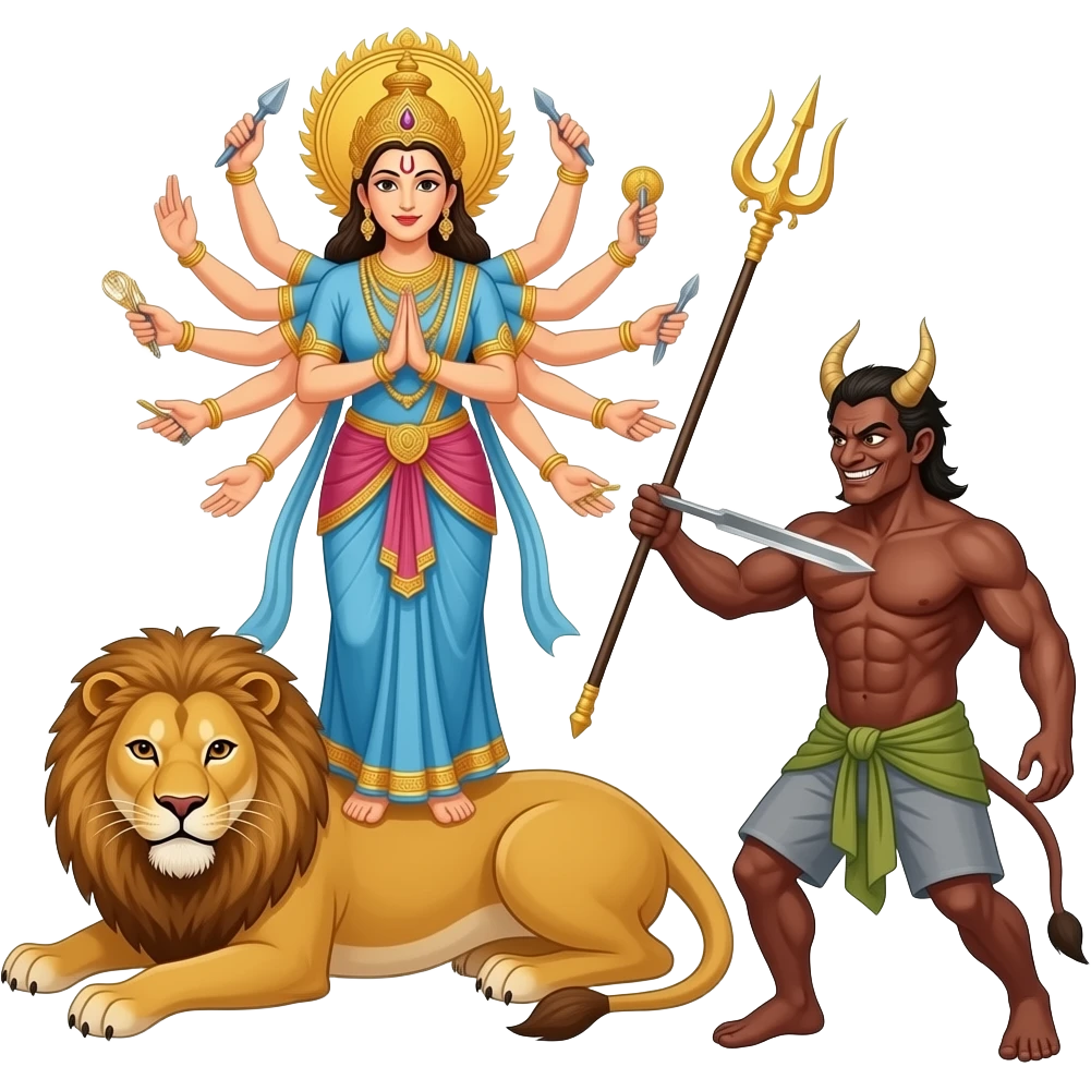 Create an emoji of a goddess with ten hands standing with one leg on a lion's back and another leg on a brownish demon and the goddess is stabbing him in his chest with a trident with her two front arms emoji