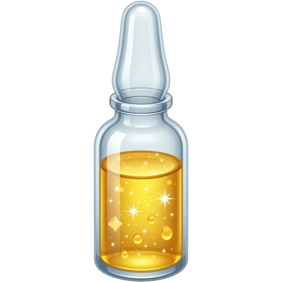 small glass vial with golden glowing liquid, bright sparkle inside, magical shimmer, centered, 3D glossy emoji style, clean background emoji