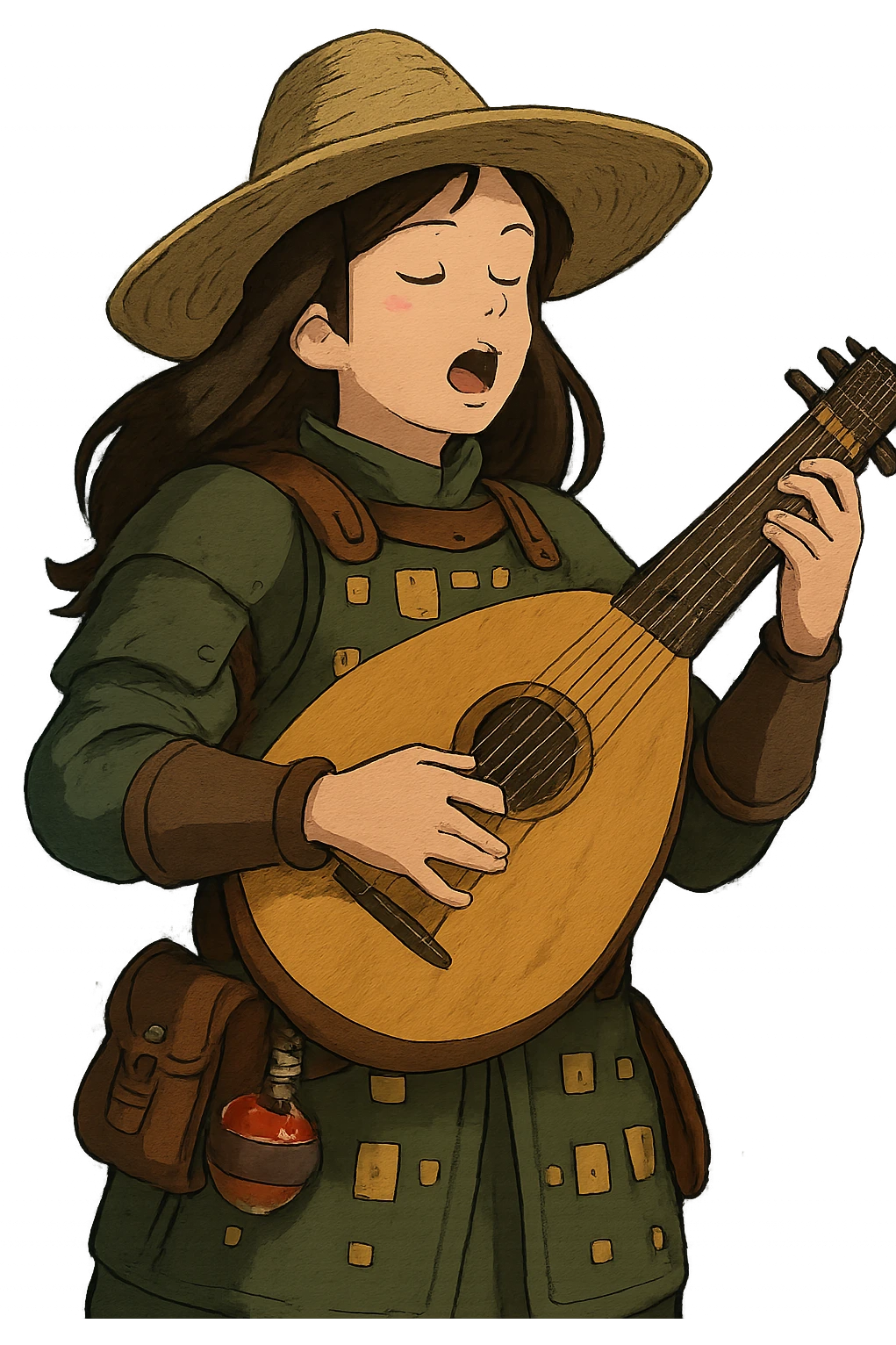 A female bard wearing brigandine armor with a sturdy straw hat, playing a fat medieval lute and singing, night time shadows, tool belt with red potion and bandages, portrait  emoji