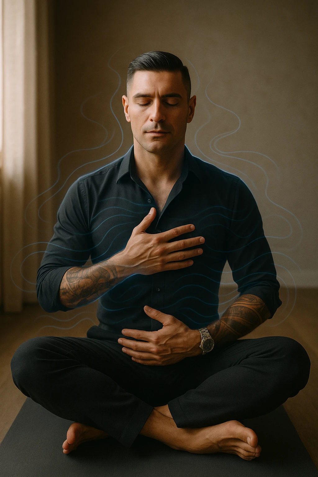 A highly realistic, cinematic portrait of a man in his early 30s with a calm, focused expression, sitting cross-legged on a yoga mat in a softly lit room. His eyes are closed, and he is performing deep diaphragmatic breathing, with one hand resting on his chest and the other on his abdomen, visibly rising and falling with each breath. A subtle glow or faint blue light outlines his body, symbolizing calm energy and nervous system regulation. Around him, faint symbolic waves or flowing lines in blue tones represent the breath calming the autonomic nervous system, while a soft warm light from a window illuminates his relaxed face. The atmosphere is peaceful and grounded, with warm natural tones and a clean, minimalist setting, evoking the feeling of inner calm and nervous system reset through conscious breathing. Style: 35mm hyperrealistic film photography, soft depth of field, warm lighting with clear focus on the man's peaceful face and breathing posture emoji
