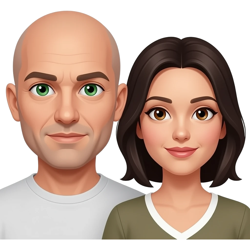 Bald man with green eyes and dark haired woman, looking at each other,haired woman with brown eyes looking at each other emoji