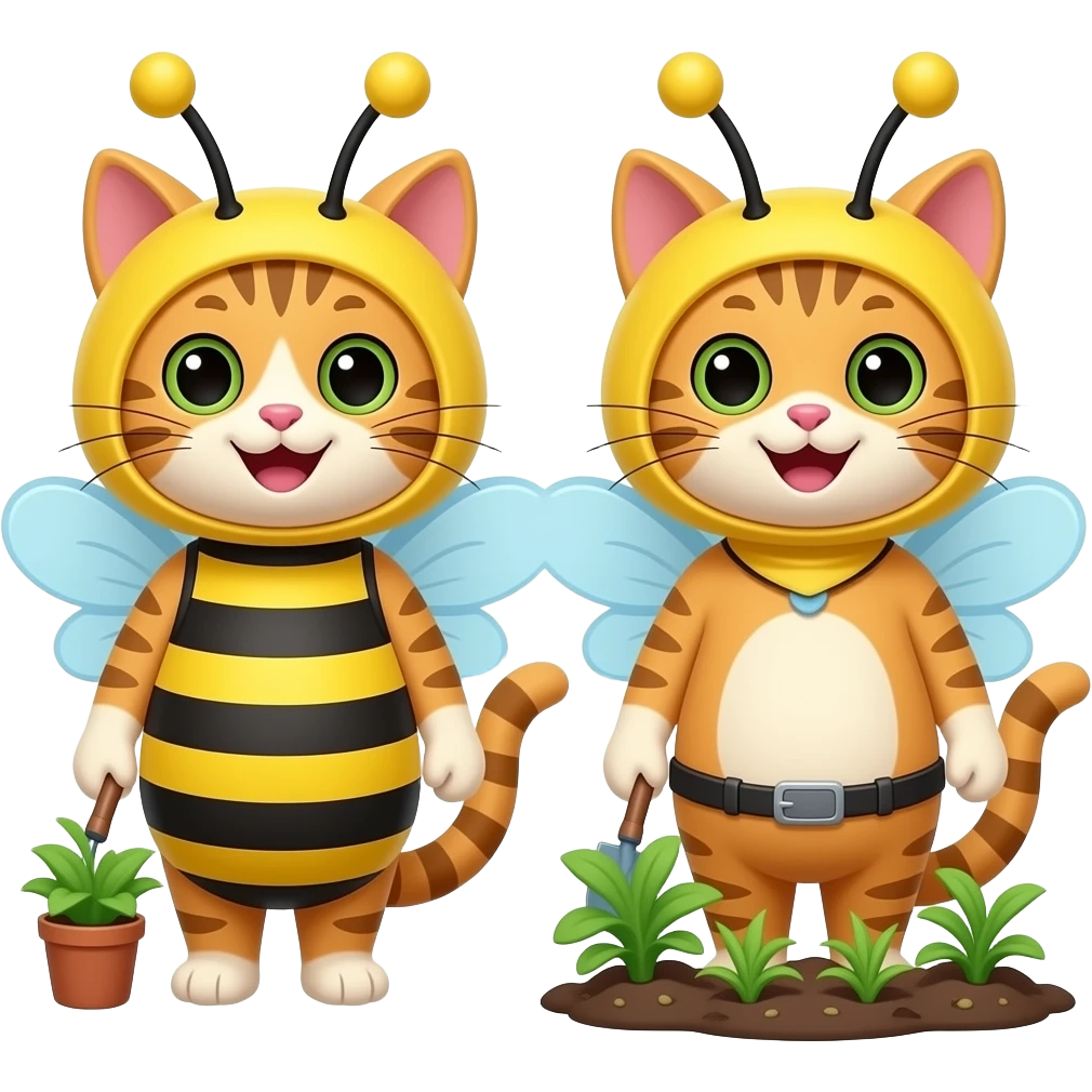a happy cat dressed as a bee and a happy cat gardening emoji