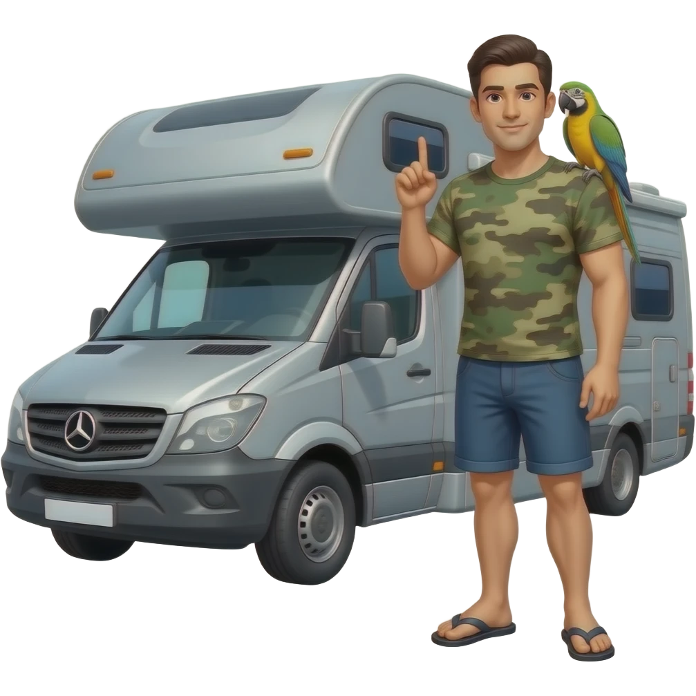Slim military cut dark haired man in shorts and flip flops standing next to a grey Mercedes low roof roadie style rv with a dig and parrot emoji emoji