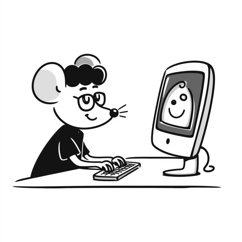 cute mouse wearing glasses using a computer, hand drawn doodle style emoji
