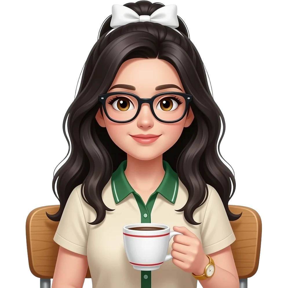 Chica de pelo negro suelto medio recogido con un moño blanco, ojos café claro y piel blanca con gafas negras, camisa con cuello verde y beige de manga corta color beige y lineas verdes, sentada en una silla de madera , en la mano derecha una taza de cafe blanca con líneas rojas y un reloj dorado emoji