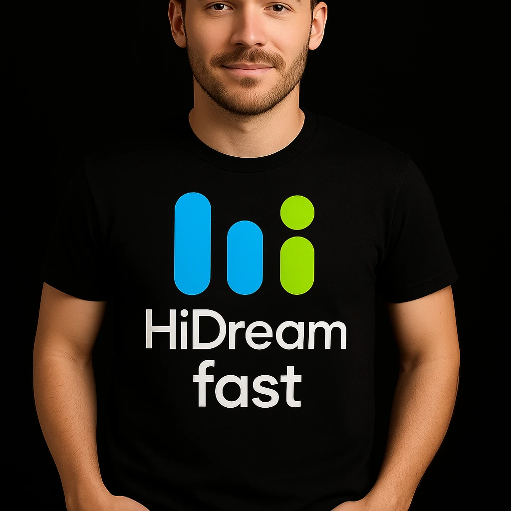 man wearing tshirt with this logo, dark night background with dim , add fast below logo emoji