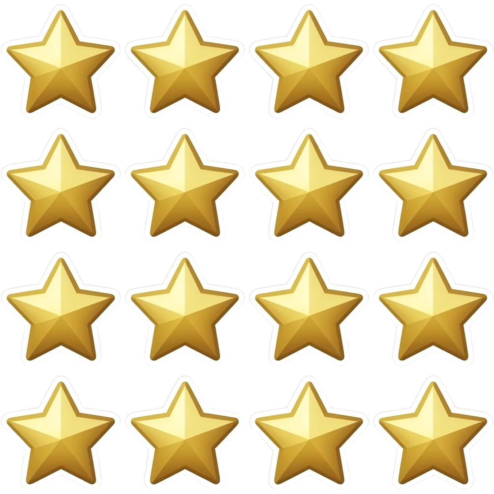sheet of gold star stickers, elementary school reward stickers, metallic gold, grid layout, shiny foil, sticker sheet, white background, flat lay emoji