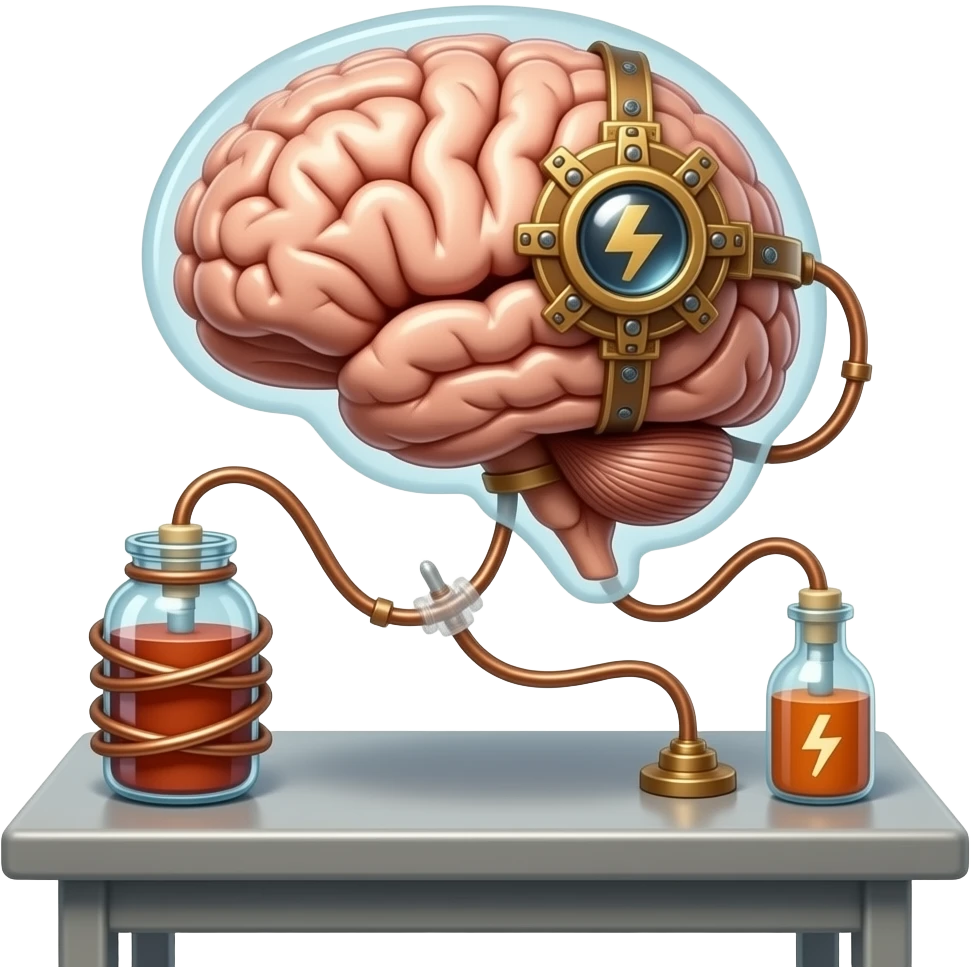 steampunk style - a brain placed in medical preparations that is connected to an electrical circuit, a glass jar wrapped in high-voltage wires floats above the autopsy table emoji