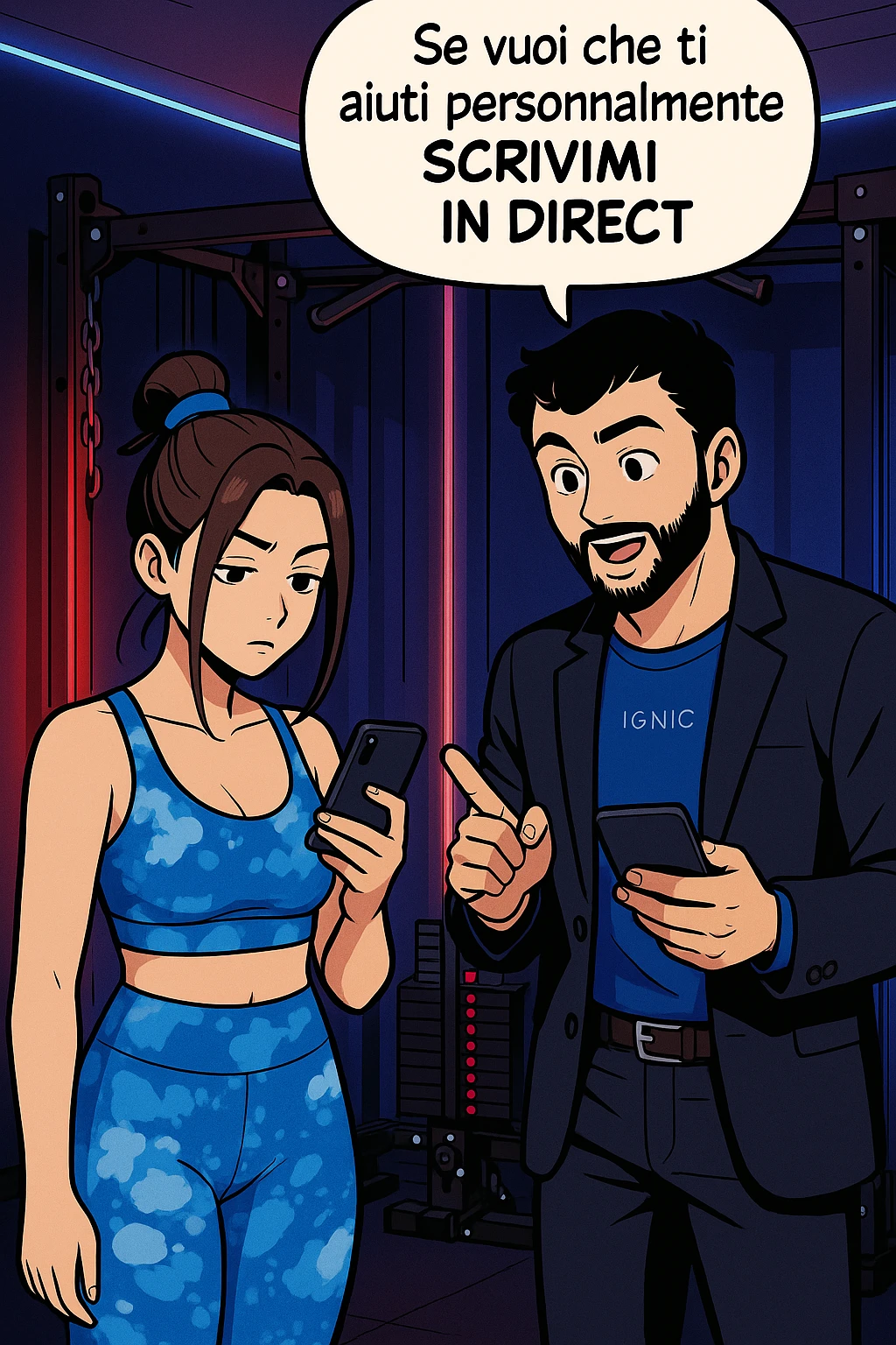 TRASFORMA QUESTO CAROSELLO IN UN FUMETTO STILE WEBTOON/MANGA A COLORI CON QUESTE DUE PERSONE IDENTICHE CHE INTERLOQUISCONO TRA LORO, L'UOMO MOSTRA UNO SMARTPHONE ALLA DONNA INDICANDOLO, E ANCHE LA DONNA HA LO SMARTPHONE IN MANO PER ANDARE A SEGUIRE IL SUO PROFILO INSTAGRAM:

LUI (UOMO): Se vuoi che ti aiuti personalmente
SCRIVIMI IN DIRECT emoji