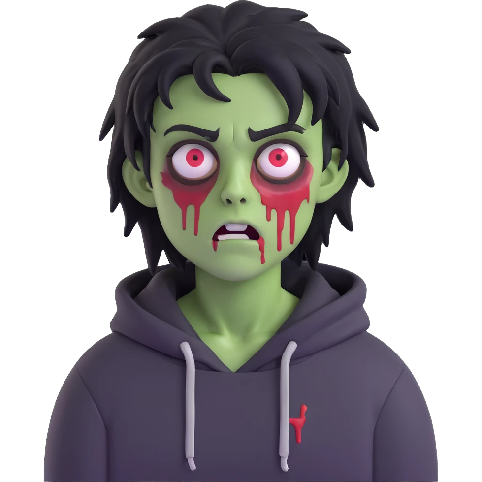 zombie with black messy hairstyle, tired face, bruises under the eyes, black hoodie emoji
