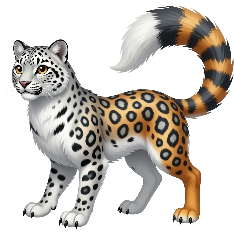 Beaked beaky wild natural elegant pretty beautiful handsome shiny colorful furry 4-legged digitigrade fantasy-snow-leopard-snowy-owl-gryphon-griffin-arctic-fox-fusion-hybrid-fursona-furry-animal-creature, full body, hyper-realism, long tufted tail emoji