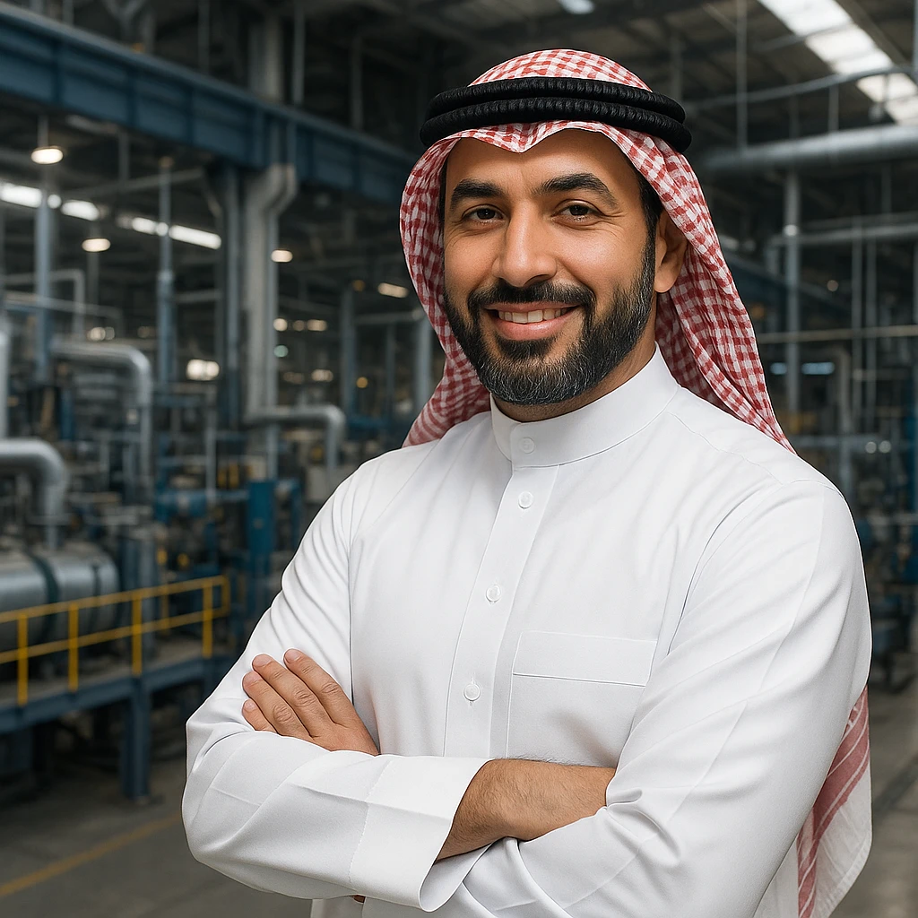 an Arabian factory owner wearing traditional attire, confident and friendly expression, industrial background, modern style, suitable for branding emoji