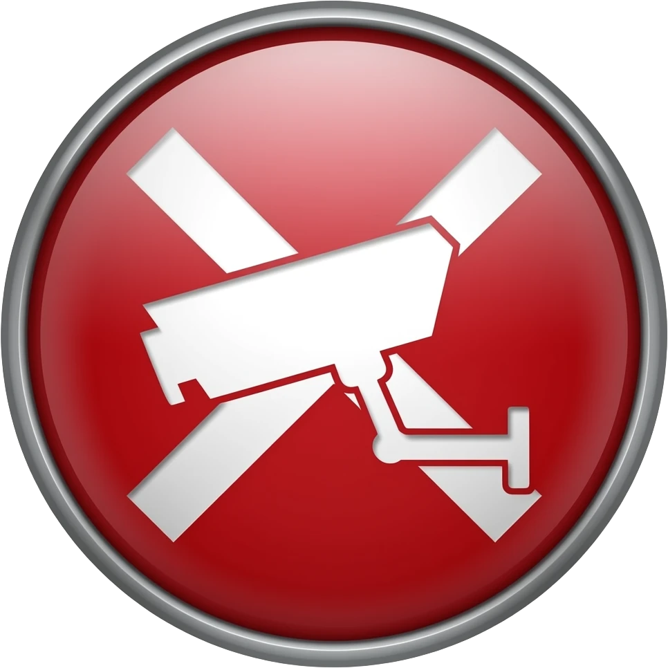 Red filled circle with white X and arrow end points on the X, CCTV in the centre emoji
