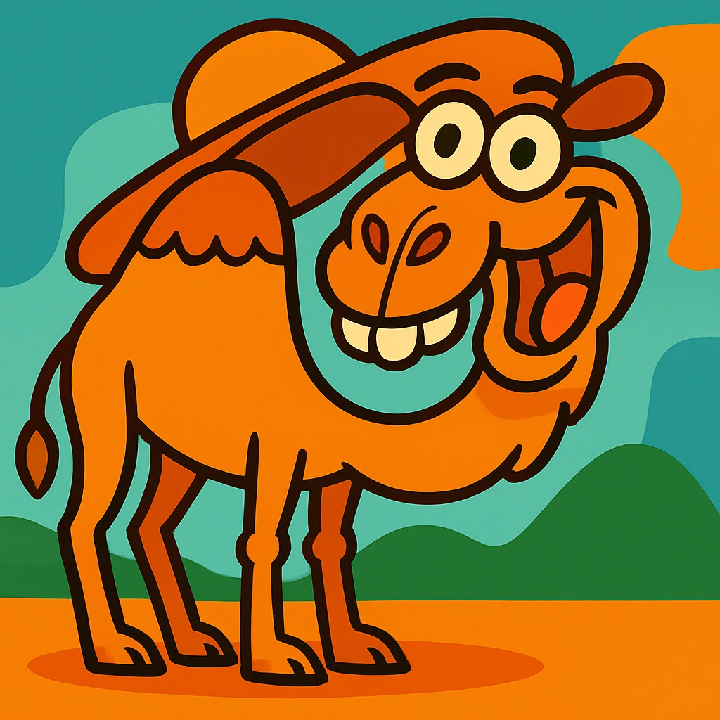 Put a silly oversized sun hat on the whimsical camel, keeping the vibrant cartoon style. emoji