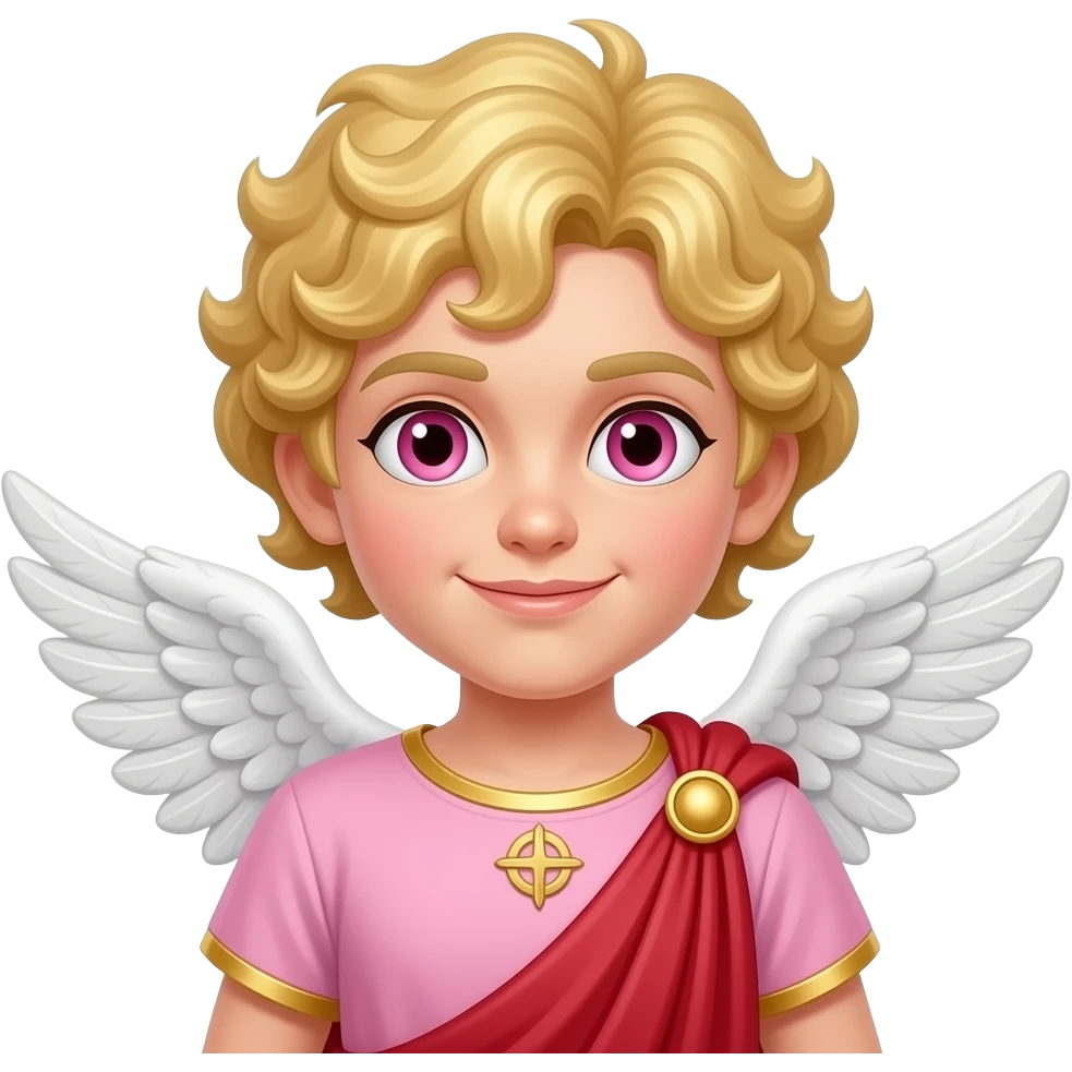 Cupid from Roman Mythology with pink eyes, blonde curly fringe hair, pink tunic, red toga, white wings emoji