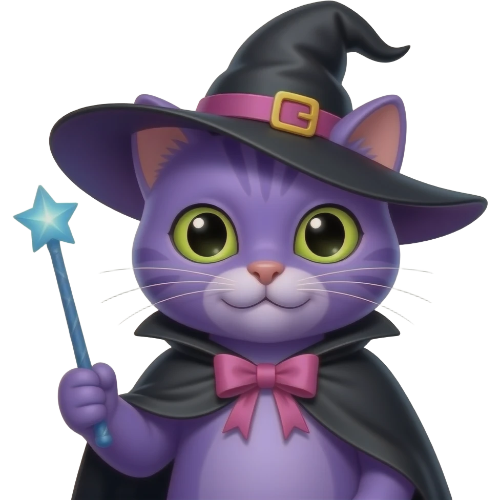 purple cat anthro with black witch costume pink ribbon holding a blue wand emoji