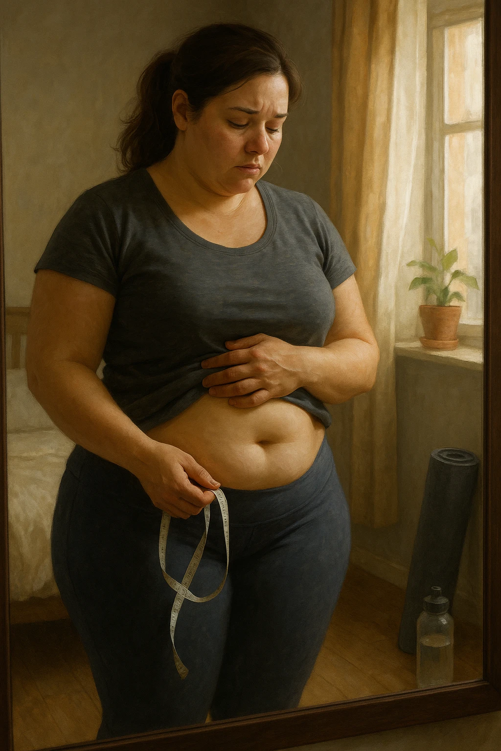 A realistic, cinematic illustration of a woman in her early 30s with a slightly rounded body shape, standing in front of a mirror in a softly lit bedroom, looking at her reflection with a thoughtful, slightly discouraged expression. She is wearing comfortable home workout clothes, holding a tape measure in one hand loosely, while her other hand gently touches her belly area, showing her frustration with slow weight loss progress. The room is cozy, with natural light filtering in, a yoga mat rolled up in the corner, a water bottle, and a small plant on the windowsill. The scene captures the emotional struggle and quiet determination of a woman facing difficulties in losing weight despite her efforts, with warmth and dignity. emoji
