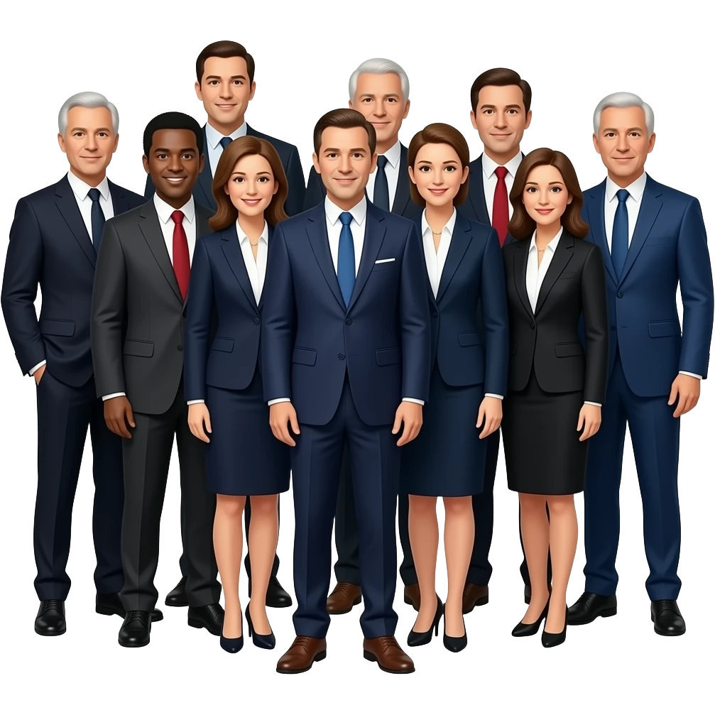 een groep politici van alle leeftijden met verschillend uiterlijk die fier op de foto staan, strak in het pak. emoji