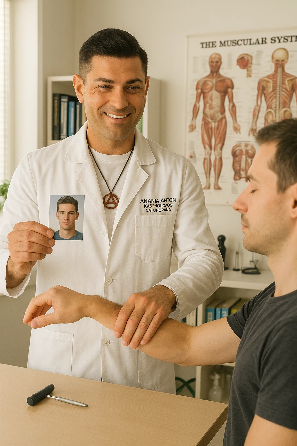 a middle-aged man, dressed in casual professional attire, is in a bright, organized therapy studio. Durante una visita di kinesiologia, il ragazzo tiene con una mano la foto di una persona lontana (il “testimone”) tiene la foto in mano, mentre con l’altra mano esegue un test muscolare su un cliente presente senza foto. Sullo sfondo si vedono libri di kinesiologia, poster anatomici e strumenti tipici della disciplina. L’atmosfera è concentrata e serena, con luce naturale che entra dalla finestra, sottolineando l’aspetto alternativo e umano della pratica. emoji
