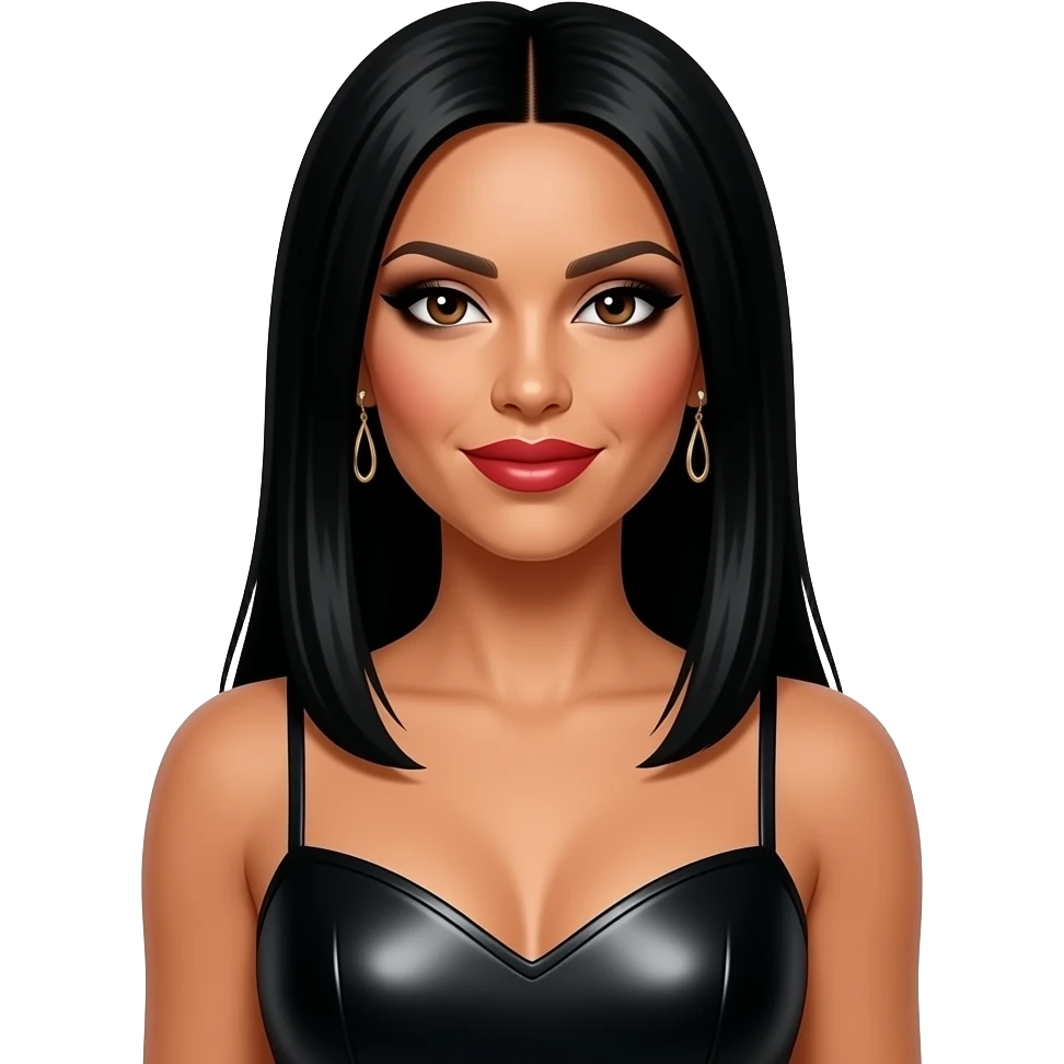 Nicole Scherzinger from The Pussycat Dolls with dark brown eyes, long black straight hair, black eyeshadow, red lipstick, black metallic sweetheart dress, earrings emoji