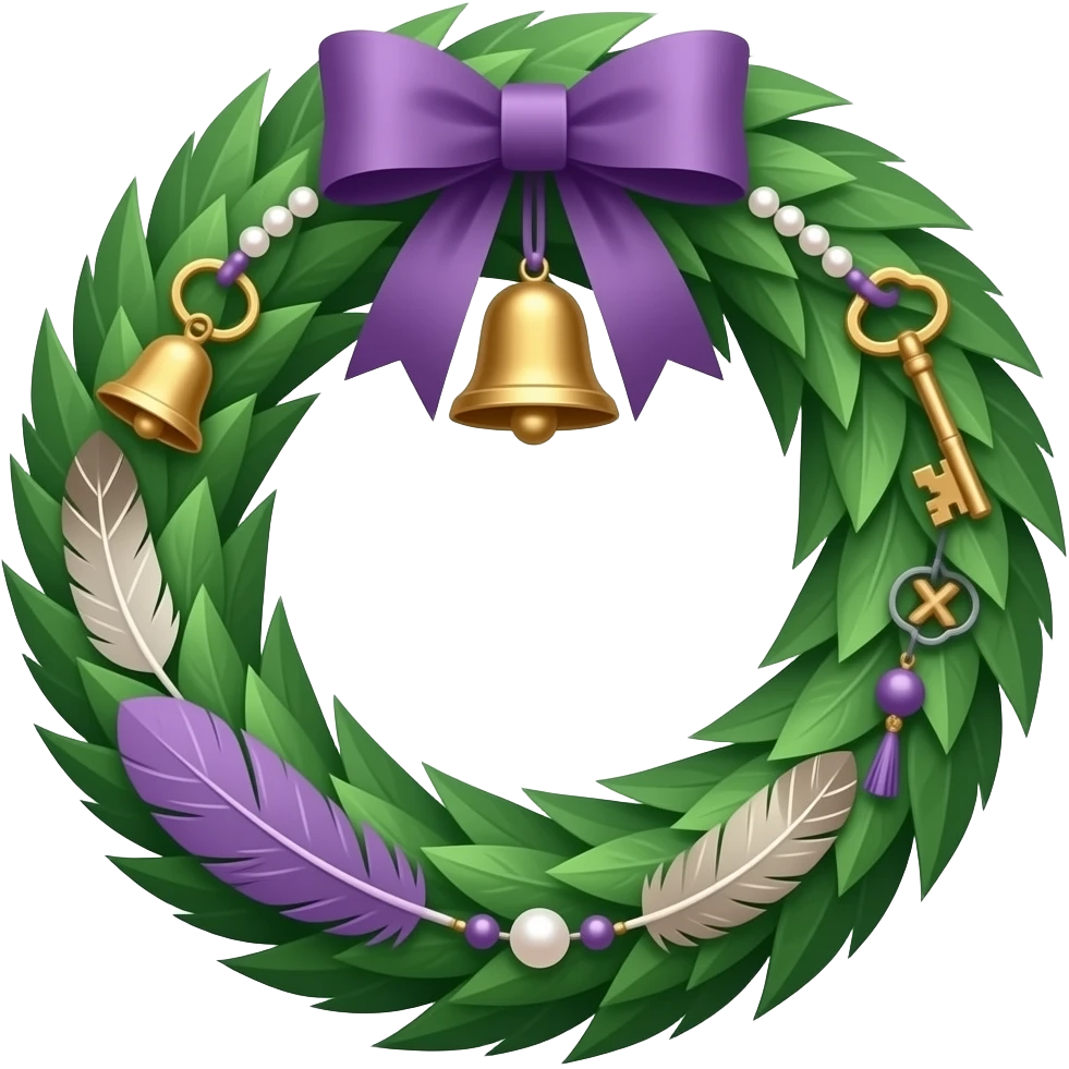 Smooth shiny decorative aesthetic glorious beautiful pretty hunter-Forest-green and deep-dusty-violet wreath circle hanging decoration With hangin bells, hanging keys, hanging trinkets, hanging feathers, hanging beads and pearls, ribbon, etc. emoji