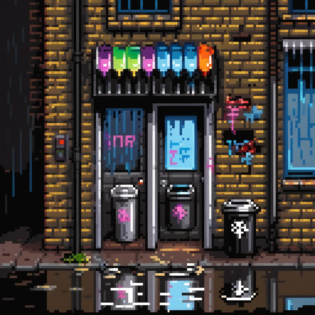 Pixel art background in side-scrolling view, inspired by classic Sega fighting games. Dark urban street in front of an old brick building, with graffiti, broken windows, metal door, trash cans, flickering neon sign, and a streetlamp. Gritty atmosphere, nighttime, subtle rain puddles on the ground. emoji