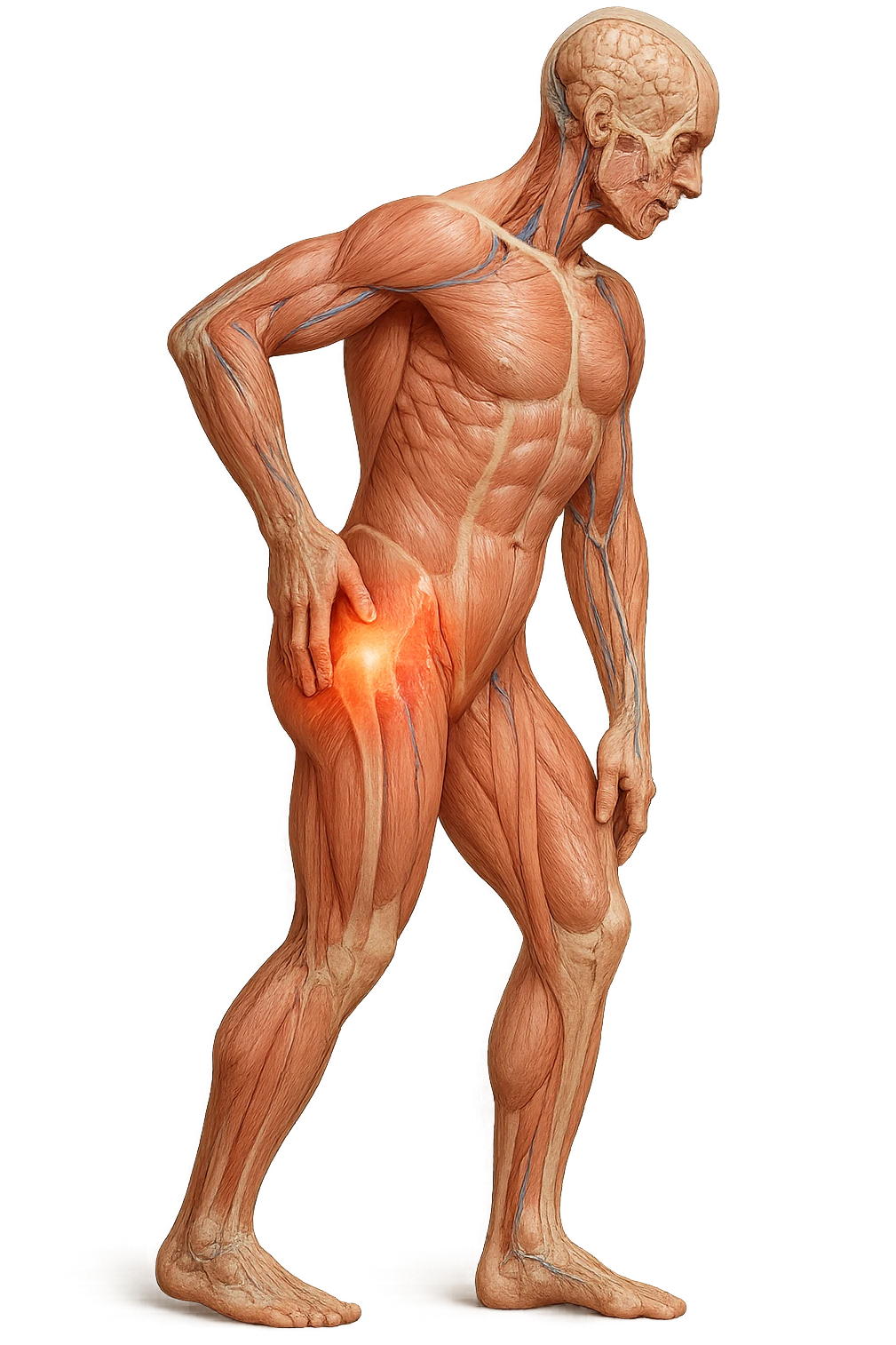 CORPO UMANO ANATOMICO DI PROFILO A FIGURA INTERA REALISTICO CHE SI TOCCA L'ANCA INFIAMMATA, DOLORE ALL'ANCA, IPERREALISTICO 4K emoji