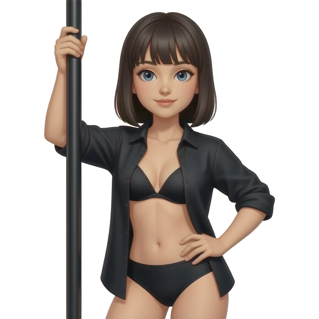 I want a poler practicer emoji . A girl with black shoulder straight hair. Practicing pole on a tube.shirt hair  and  black pole underwear bra and underwear  color black emoji