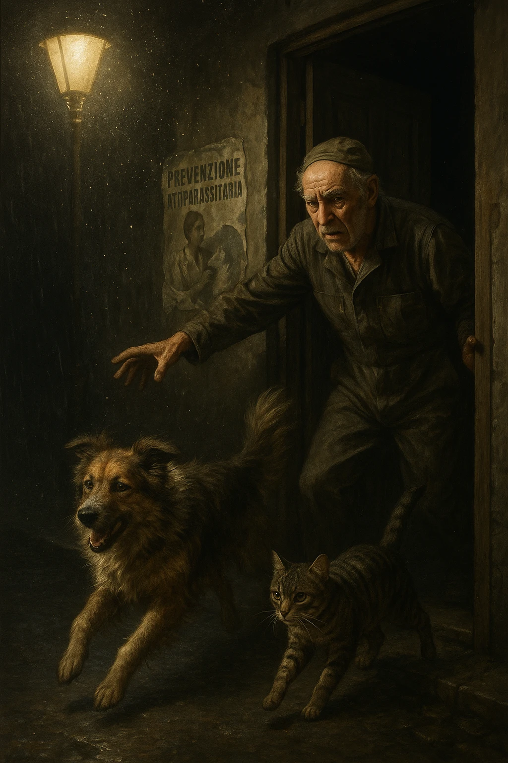 Un uomo anziano in tuta da lavoro, con espressione angosciata, tiene aperta la porta di casa mentre il suo cane (un meticcio a pelo lungo) e il gatto (soriano) scappano nella strada buia sotto la pioggia. Particelle di polvere/pulci fluttuano nell'aria illuminata dal lampione. Sullo sfondo, un poster strappato del veterinario con scritto 'Prevenzione antiparassitaria'. Stile fotorealistico, illuminazione Caravaggesca, toni grigi e ocra. in italiano emoji