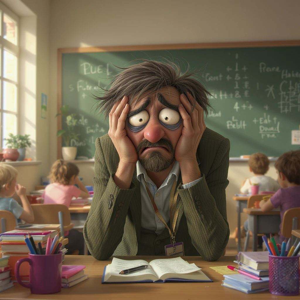 digital cartoon art of a exhausted teacher in a bustling classroom emoji