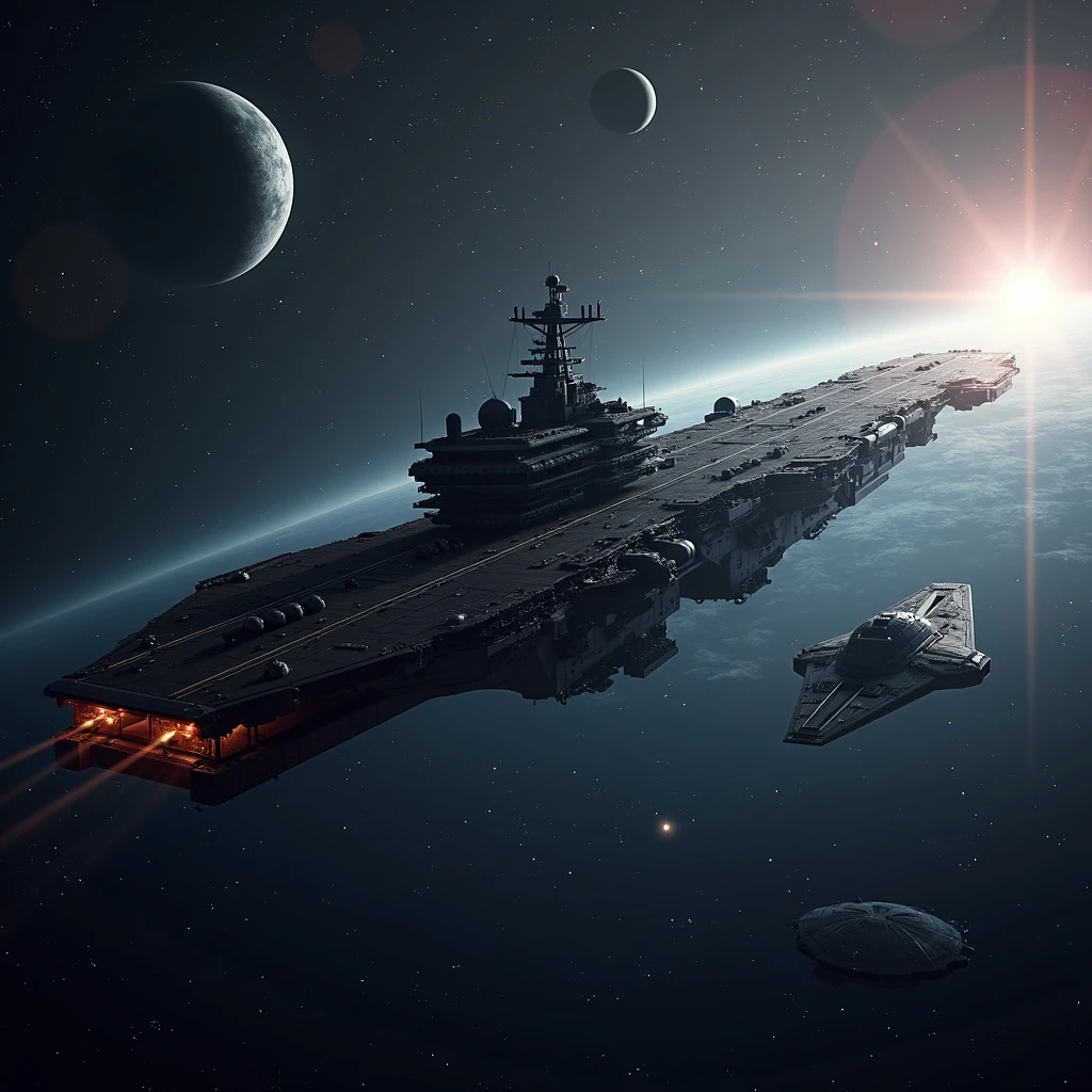 a massive space supercarrier cruiser, cinematic, planetfall, deep in space, sci-fi emoji
