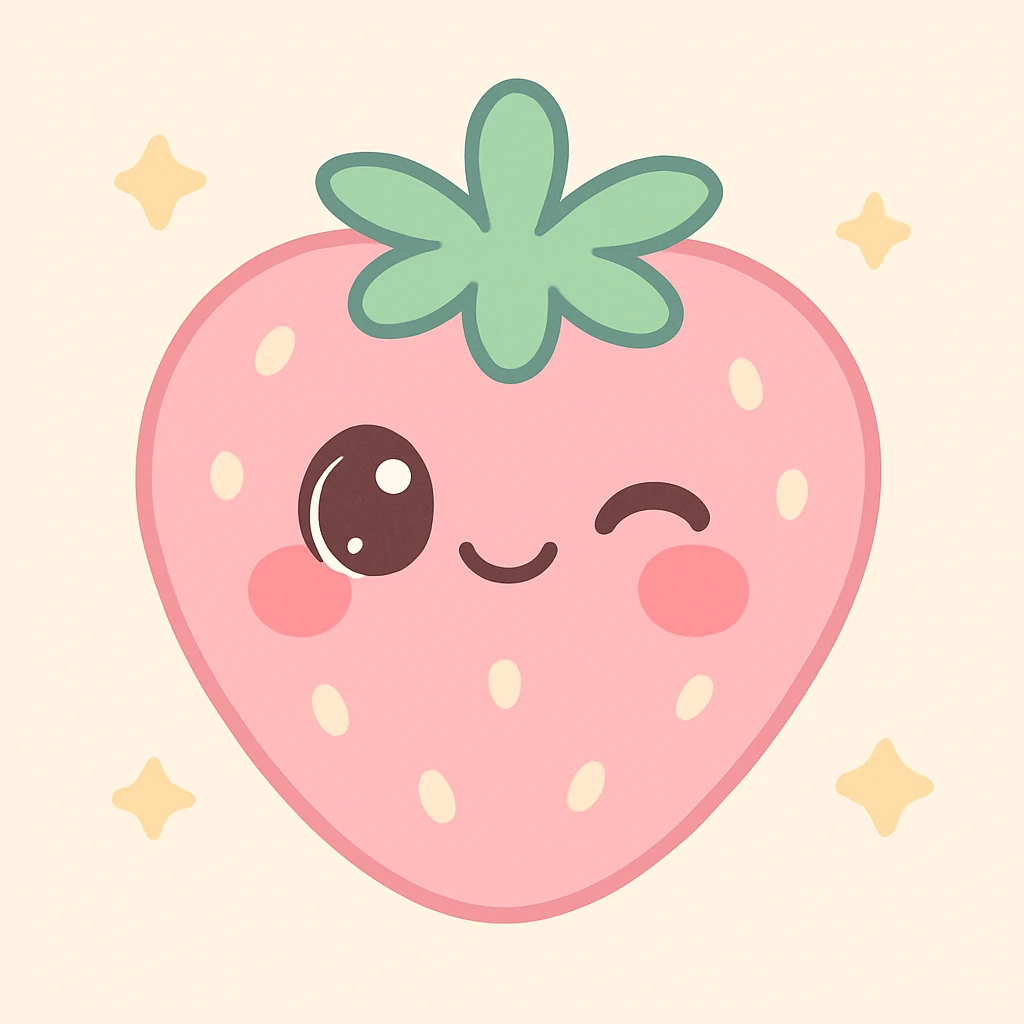 pink strawberry with a cute face, kawaii style, winking and blushing emoji