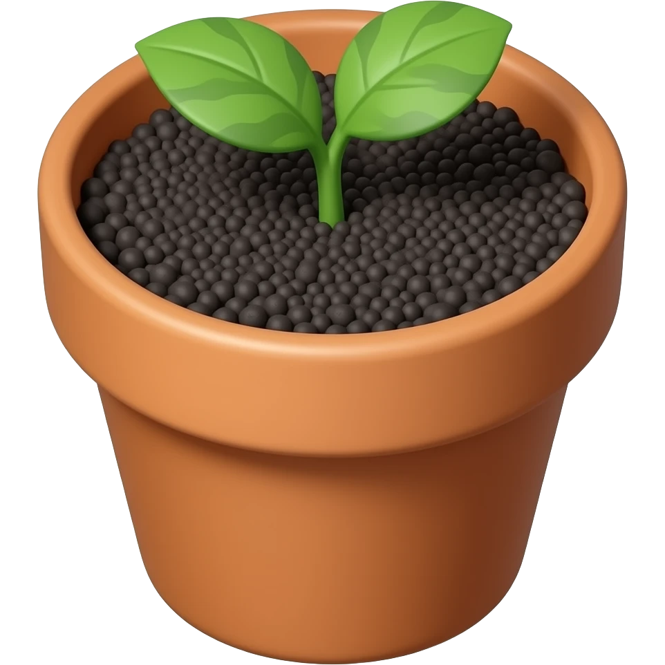 a cute pot with same black dirt and a watermelon Sprout in it, show the dirt and Sprout from the hight point of view and still see the pot emoji