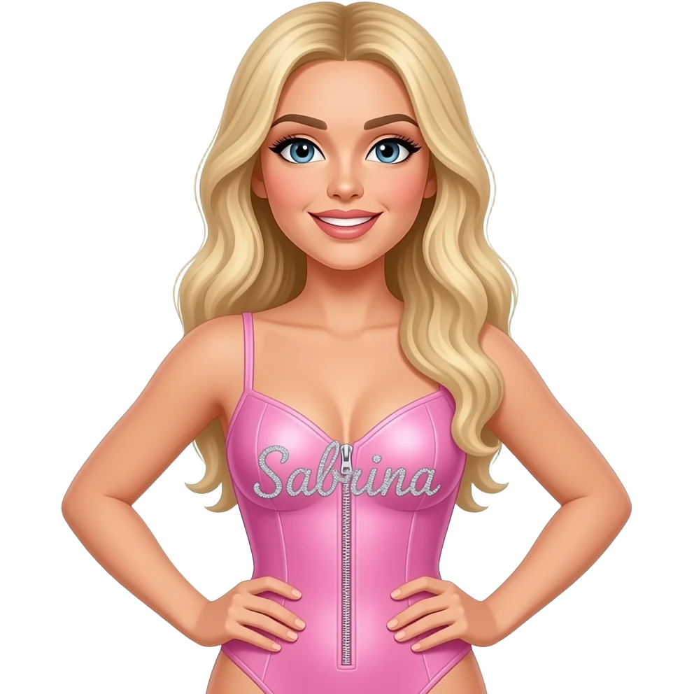 Sabrina carpenter blonde hair performing in a light pink velvet bodysuit that has Sabrina written on it in sparkly rhinestones and it has a zipper emoji